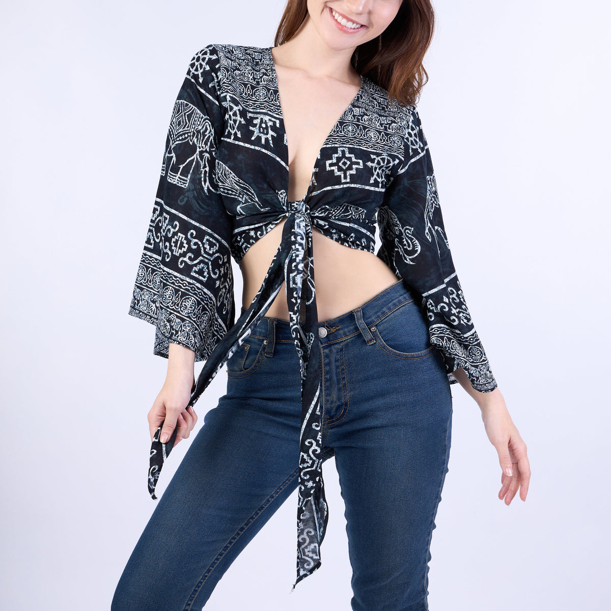 Handmade bell sleeve blouse paired with denim shorts