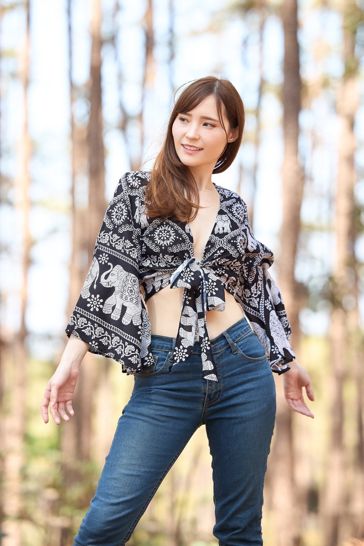 Handmade rayon wrap top in black with bohemian bell sleeves