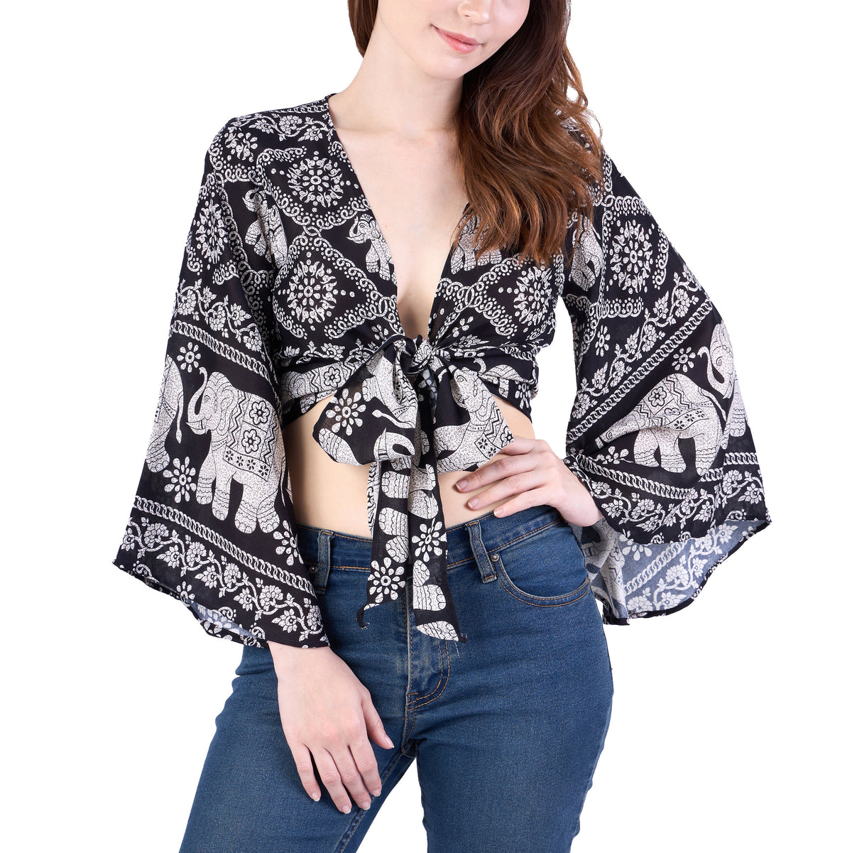 Women's boho wrap blouse styled for summer, soft rayon fabric