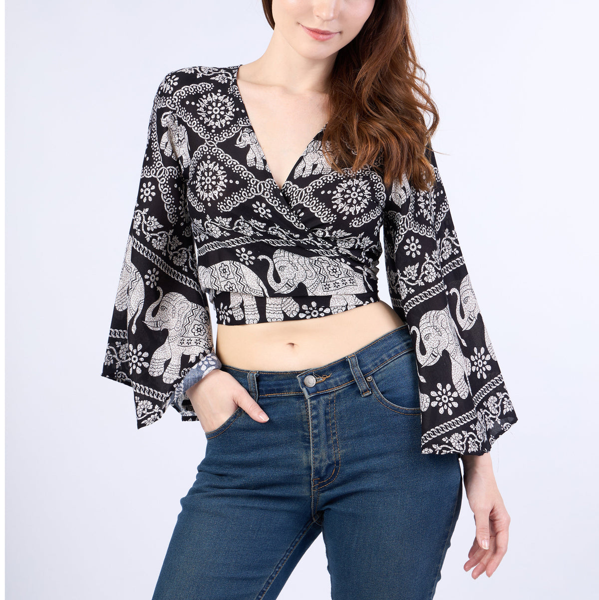 Bohemian wrap top with bell sleeves, lightweight and durable