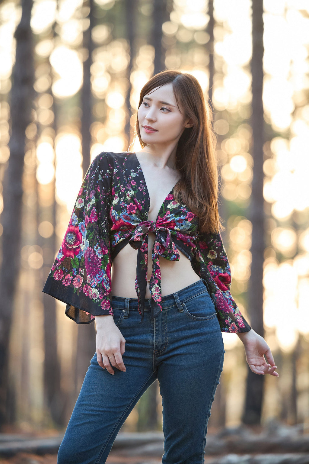 Handmade dark blue rayon wrap top with boho bell sleeves