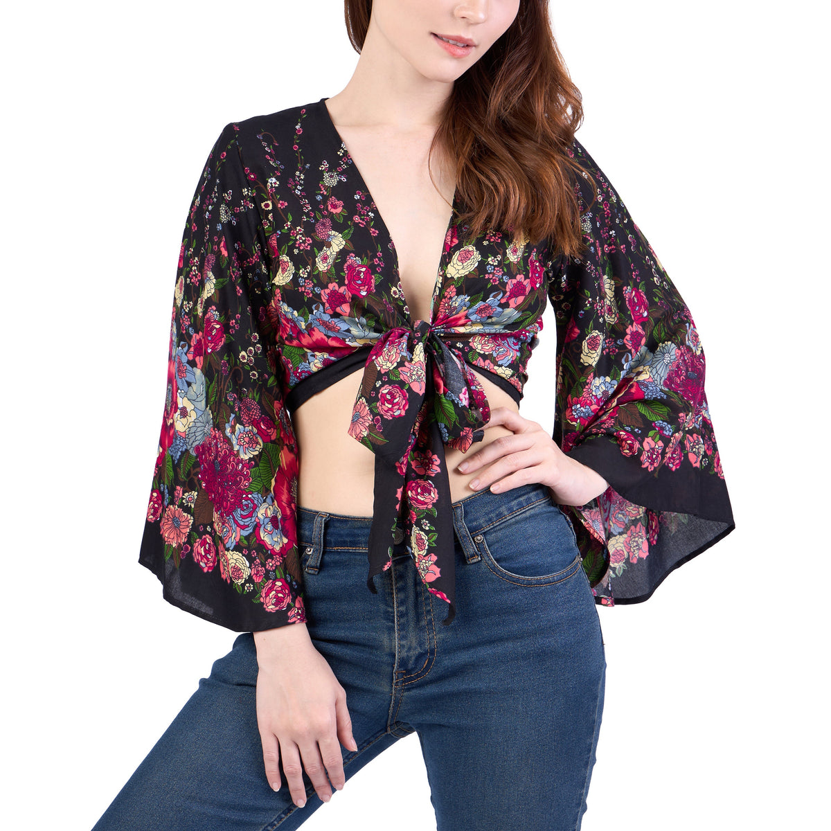 Women's bohemian wrap blouse with front tie and bell sleeves
