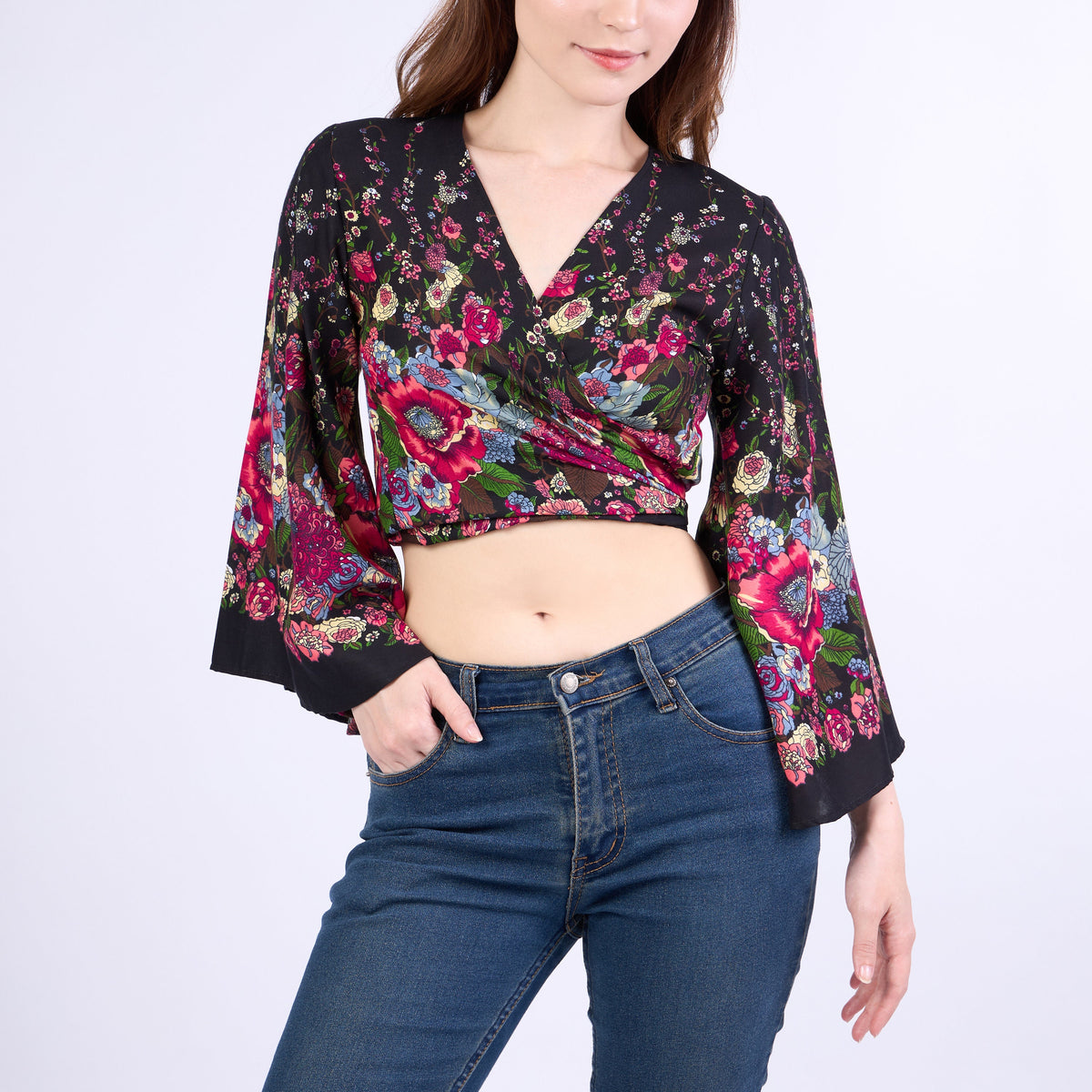 Boho bell sleeve blouse with versatile wrap design