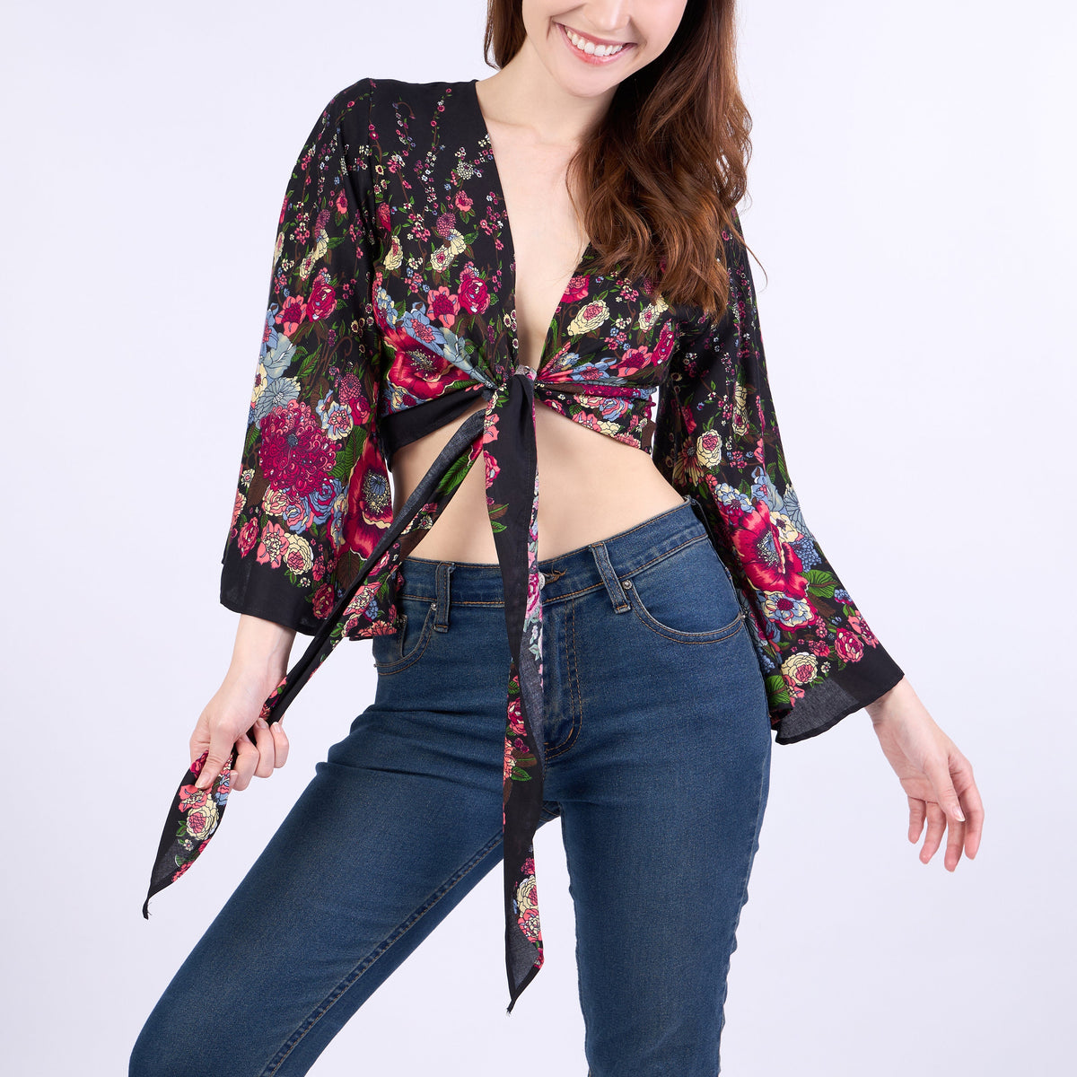 Handmade boho top worn with jeans, dark blue rayon