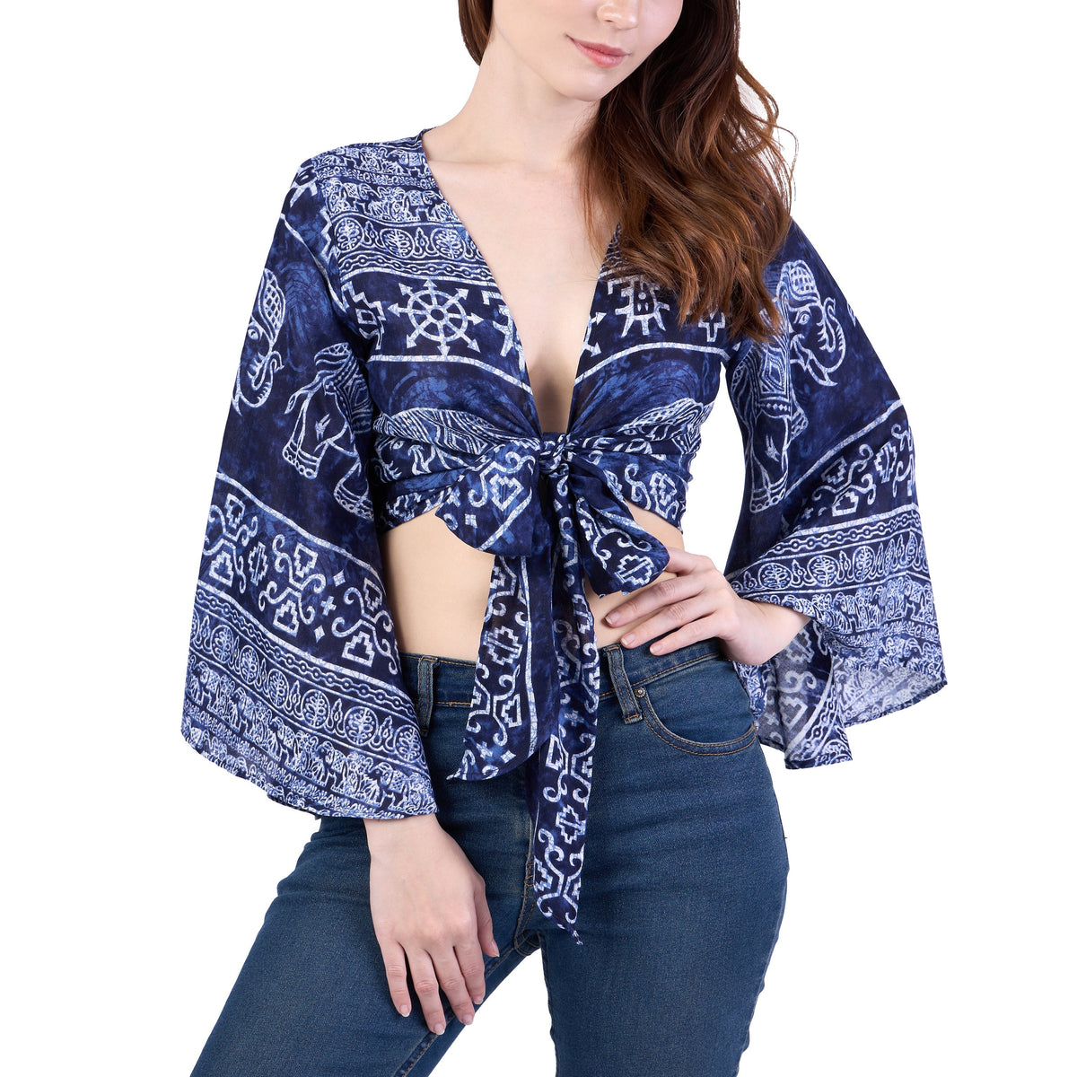 Handmade rayon wrap top in dark blue with long sleeves