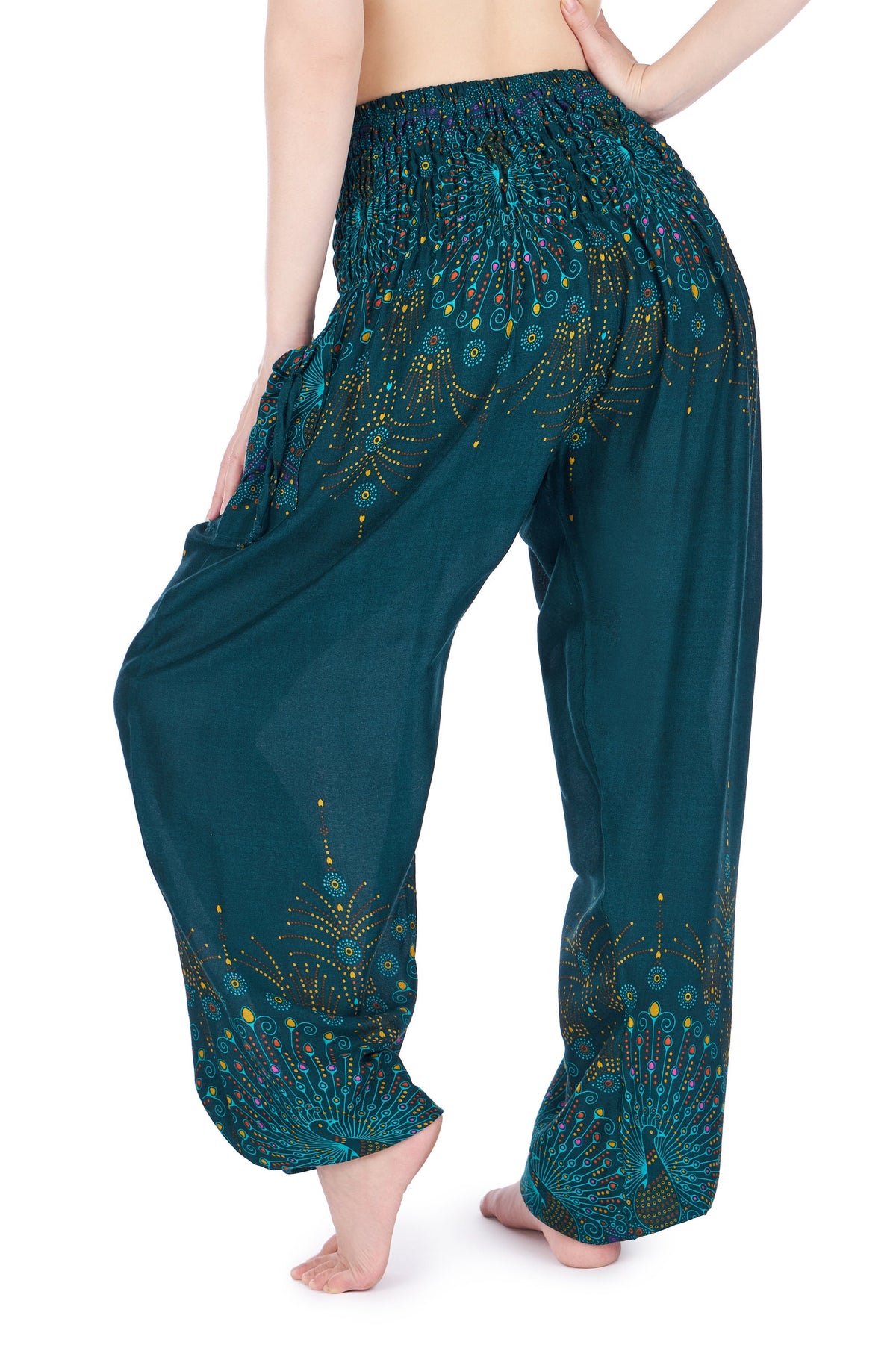 Handmade green boho pants for women, sizes S-XXL