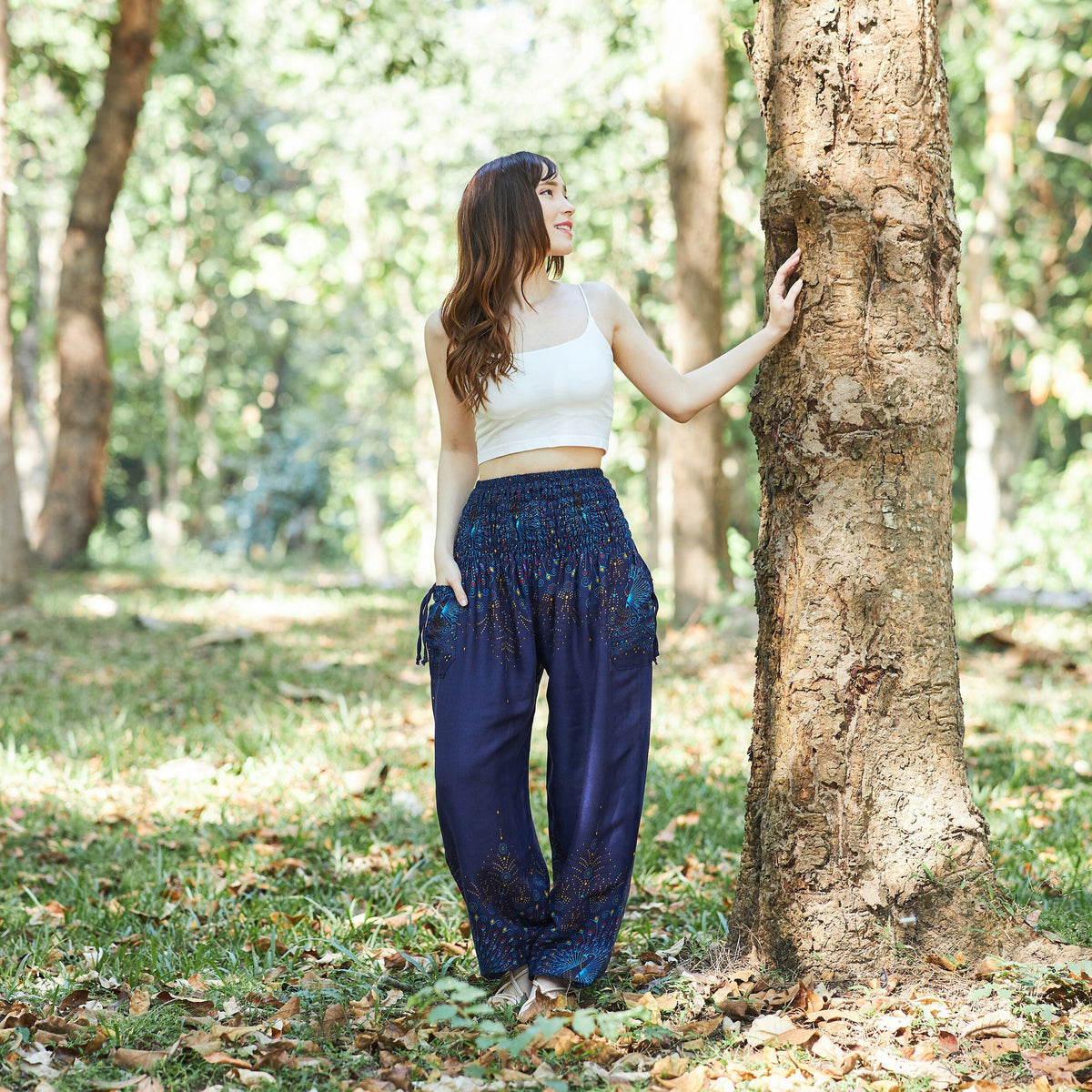 Dark blue harem pants for women with bohemian print and flowy fit