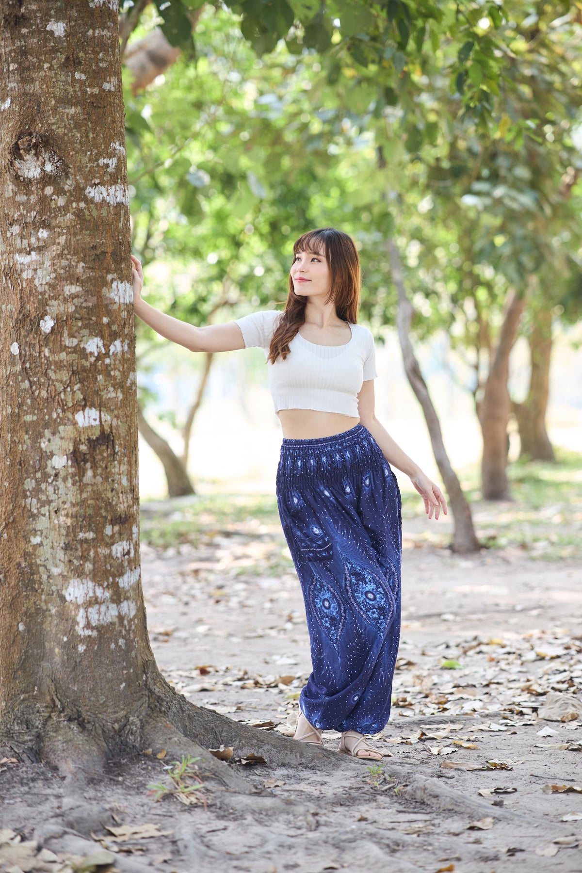 Blue harem pants for women with high waisted smocked elastic waist