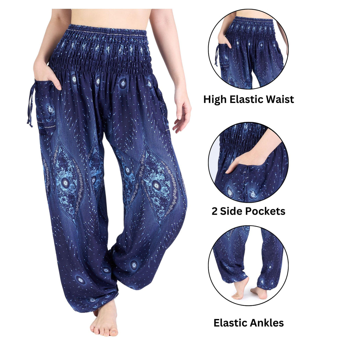 Boho yoga pants with two side pockets in soft blue rayon fabric