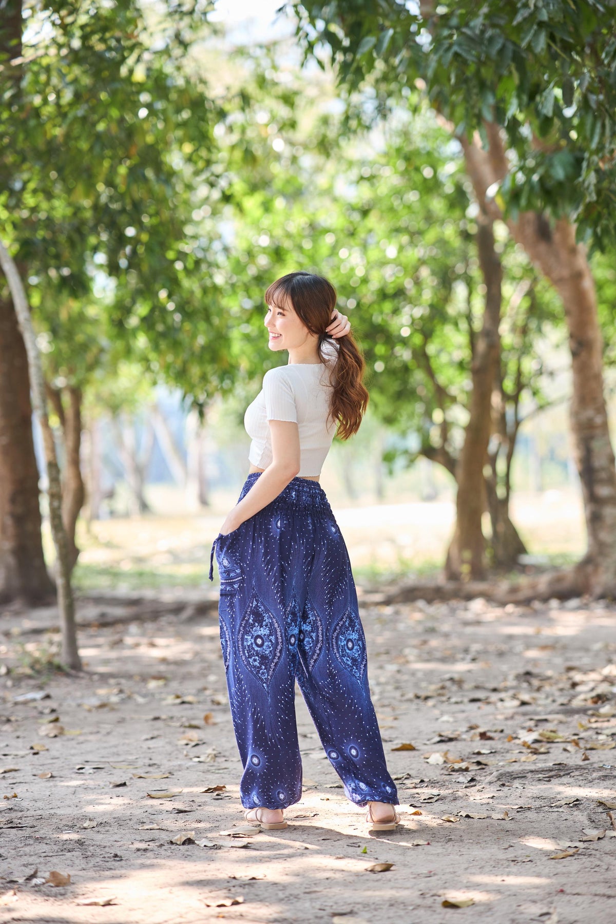 High waisted hippie pants for women with flowy silhouette and elastic ankles