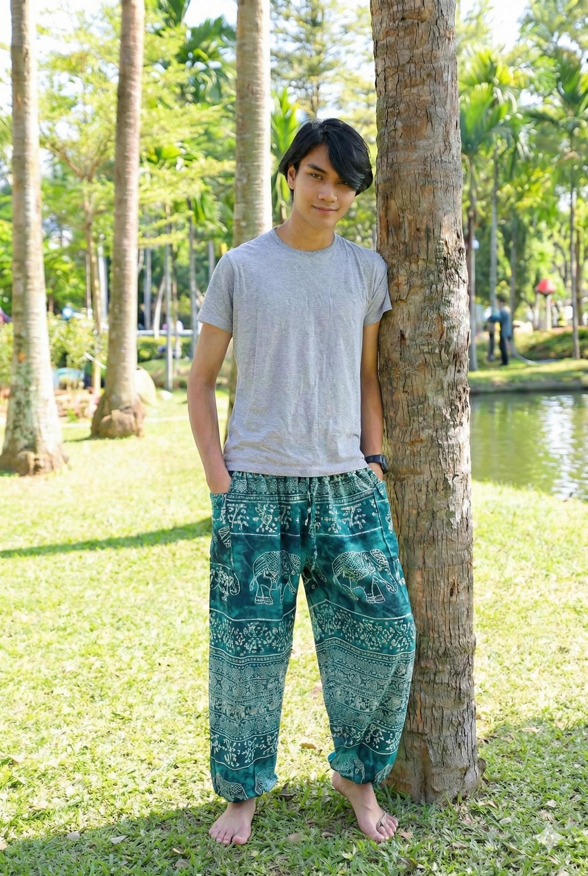 Men's Thai harem pants with elephant design and two pockets