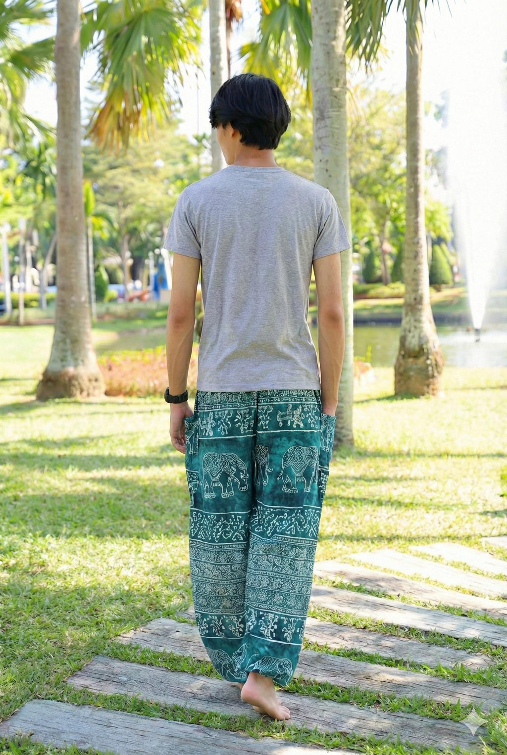Handmade rayon harem pants with elephant print for festival wear