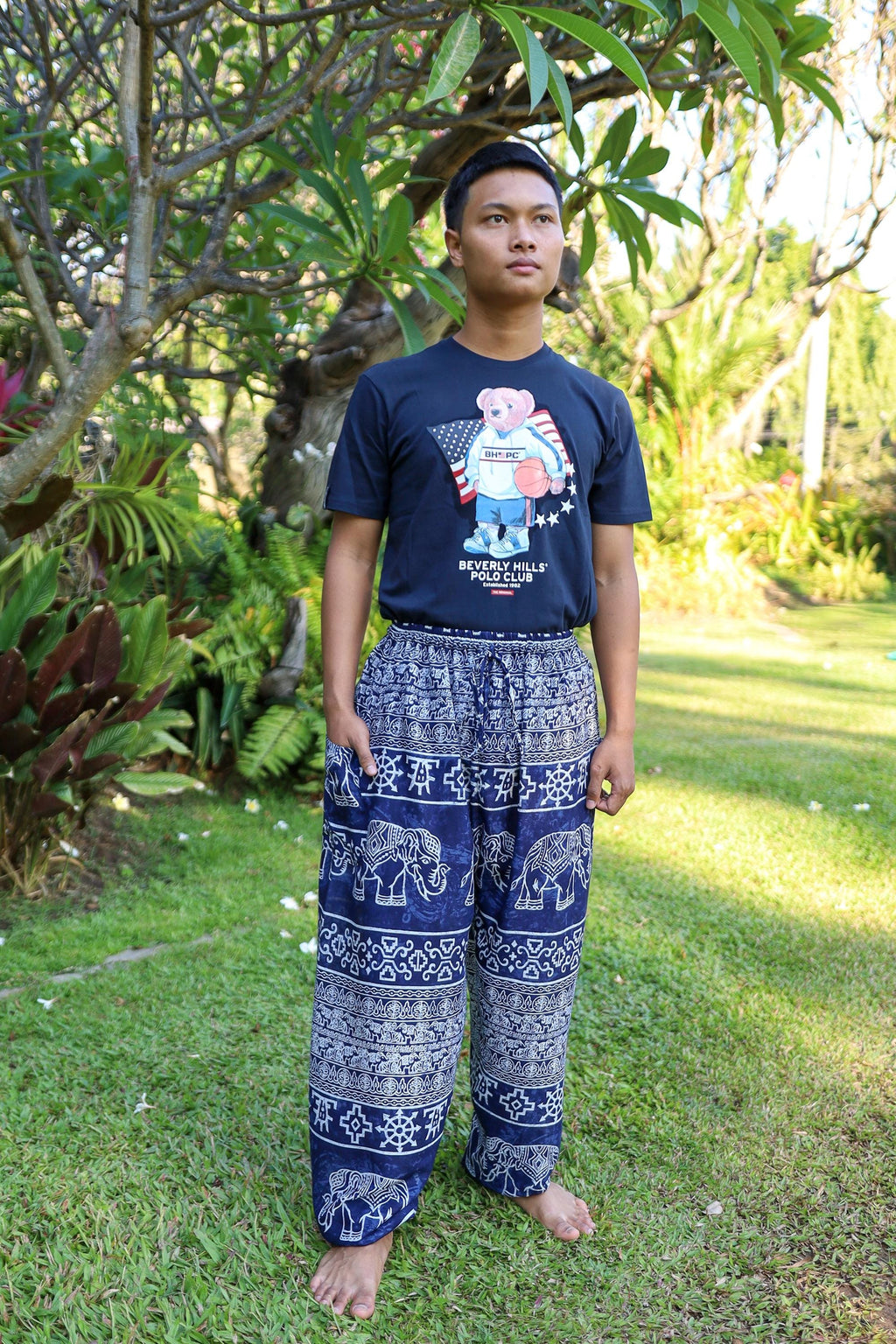 Drawstring waist harem pants with elephant print for men
