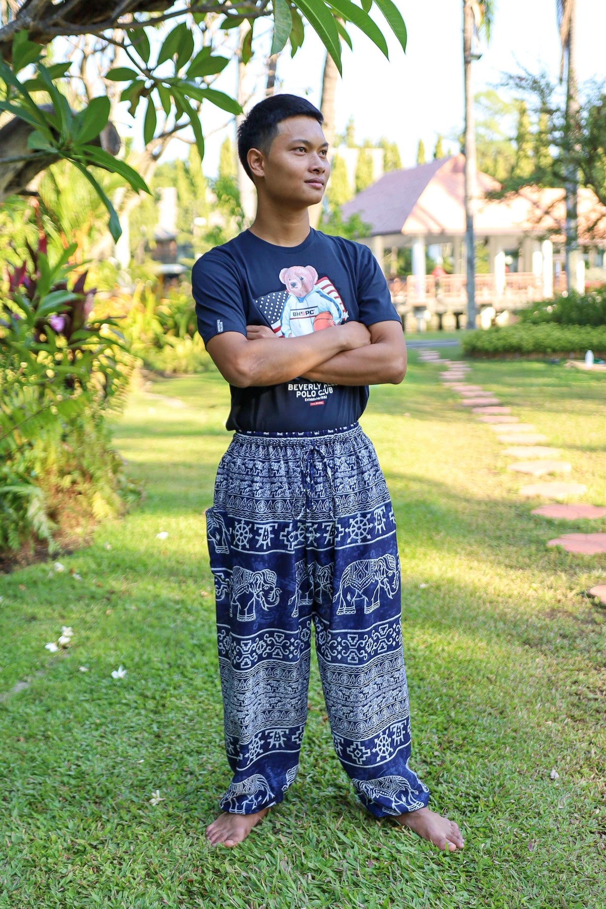 Men's elephant print yoga pants with lightweight rayon fabric