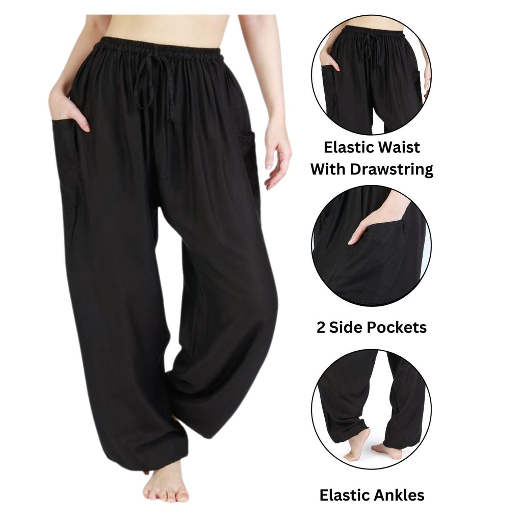Boho rayon harem pants in black for yoga and lounging