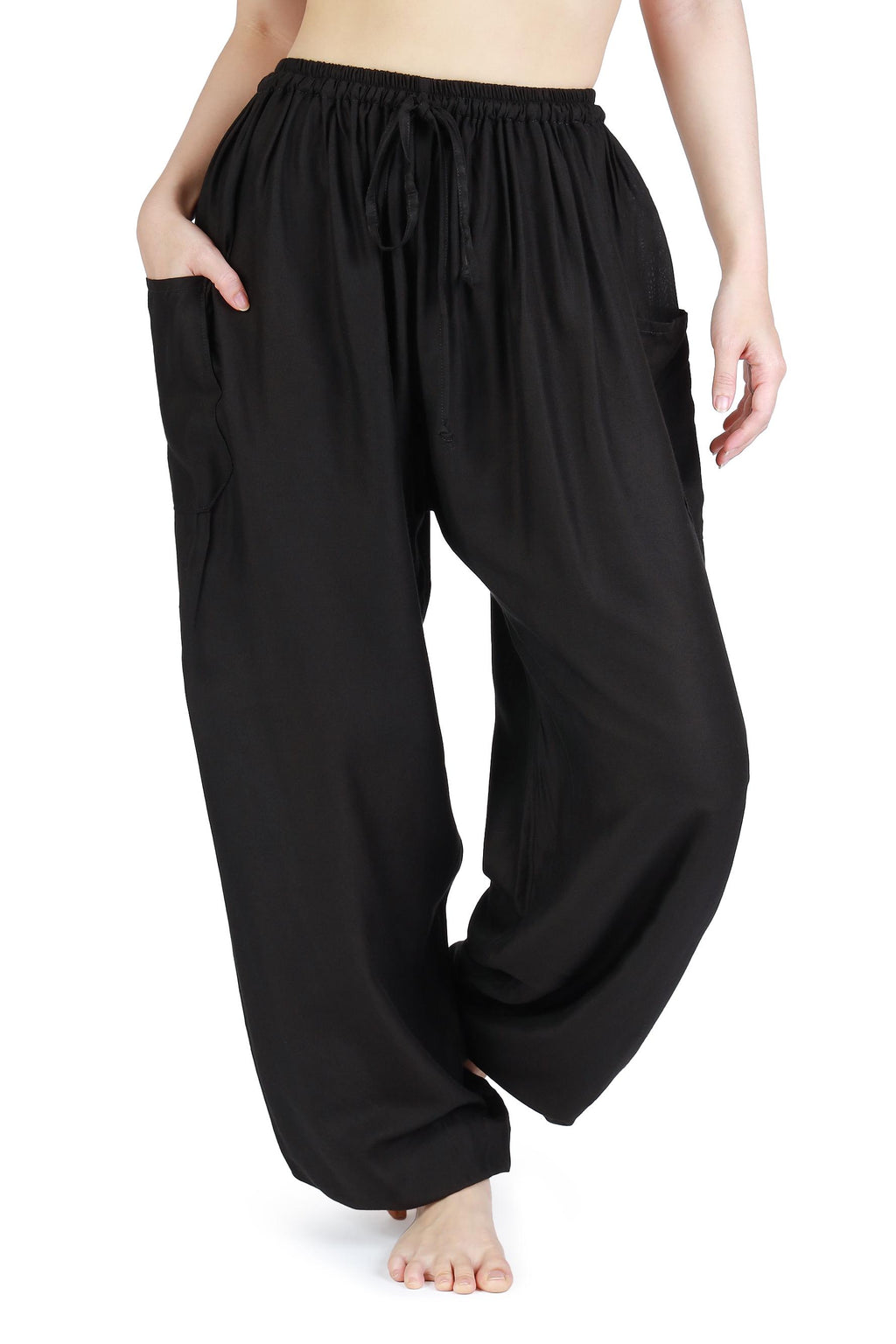 Handmade Thai rayon drawstring pants for women in black