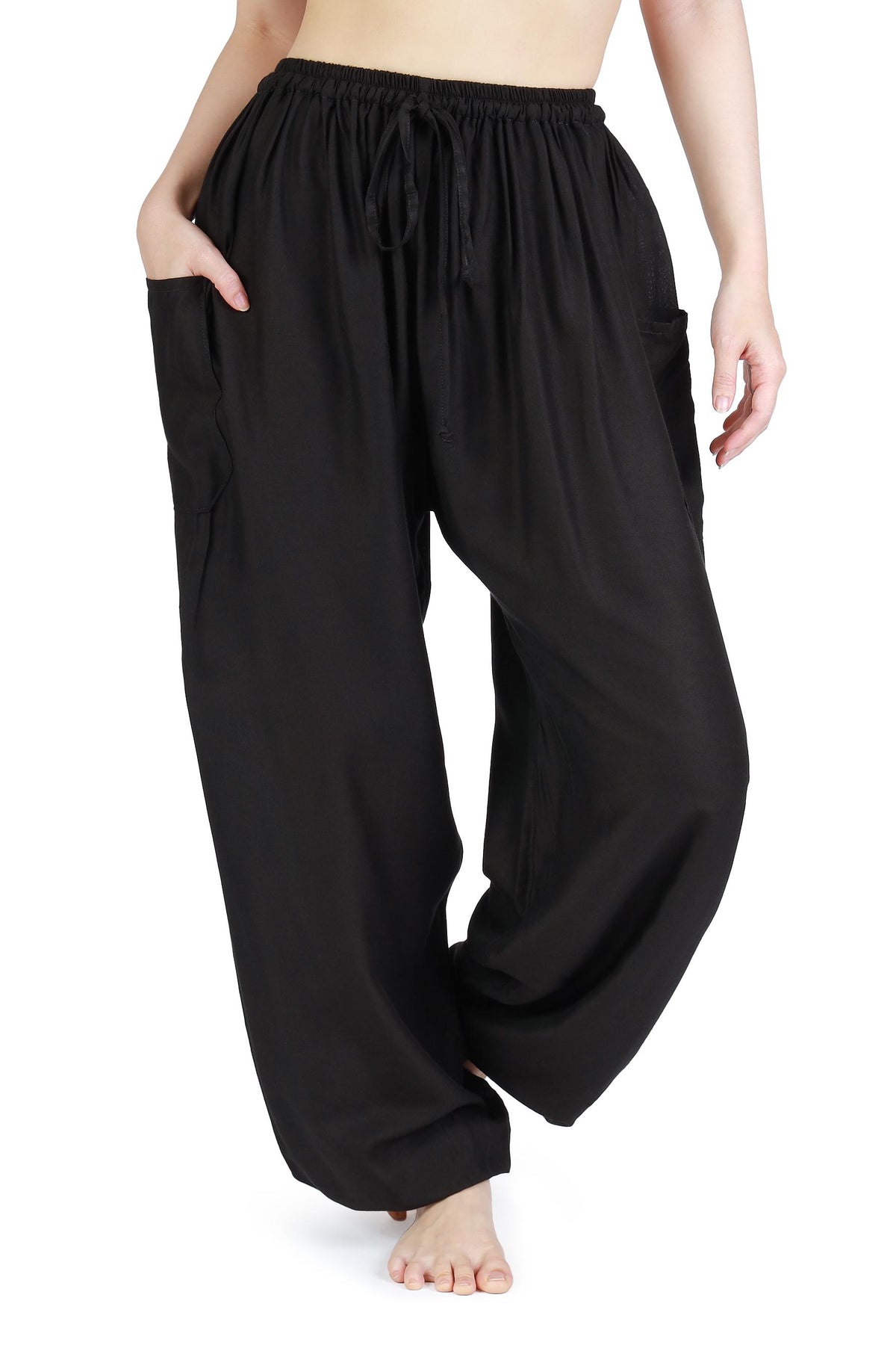 Handmade Thai rayon drawstring pants for women in black