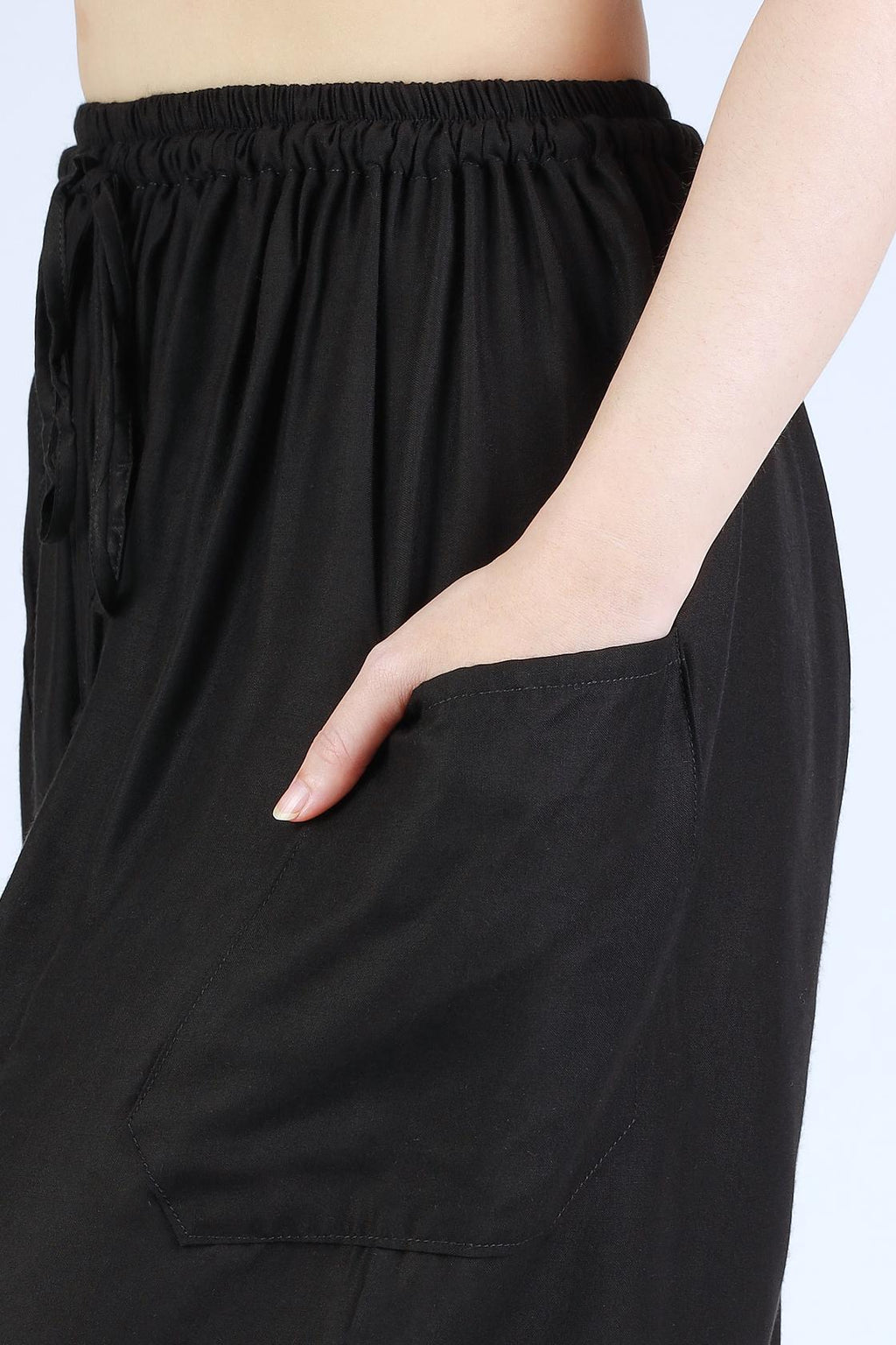 Women's black boho pants with adjustable elastic waist