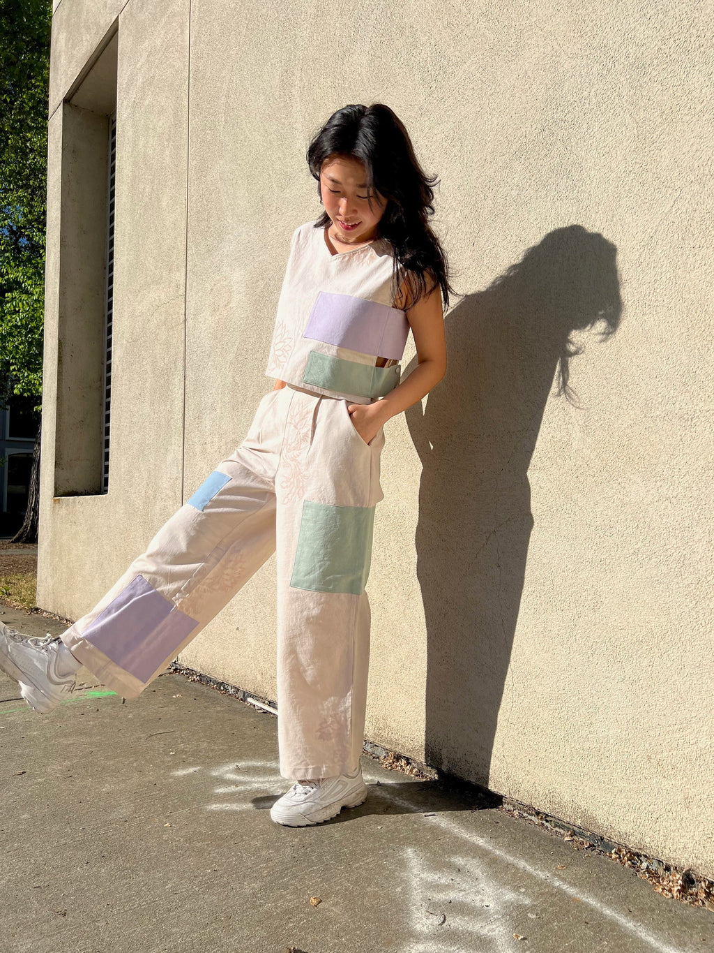 High-waisted wide-leg linen blend pants with hand-painted print and colored patches