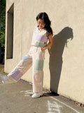 High-waisted wide-leg linen blend pants with hand-painted print and colored patches