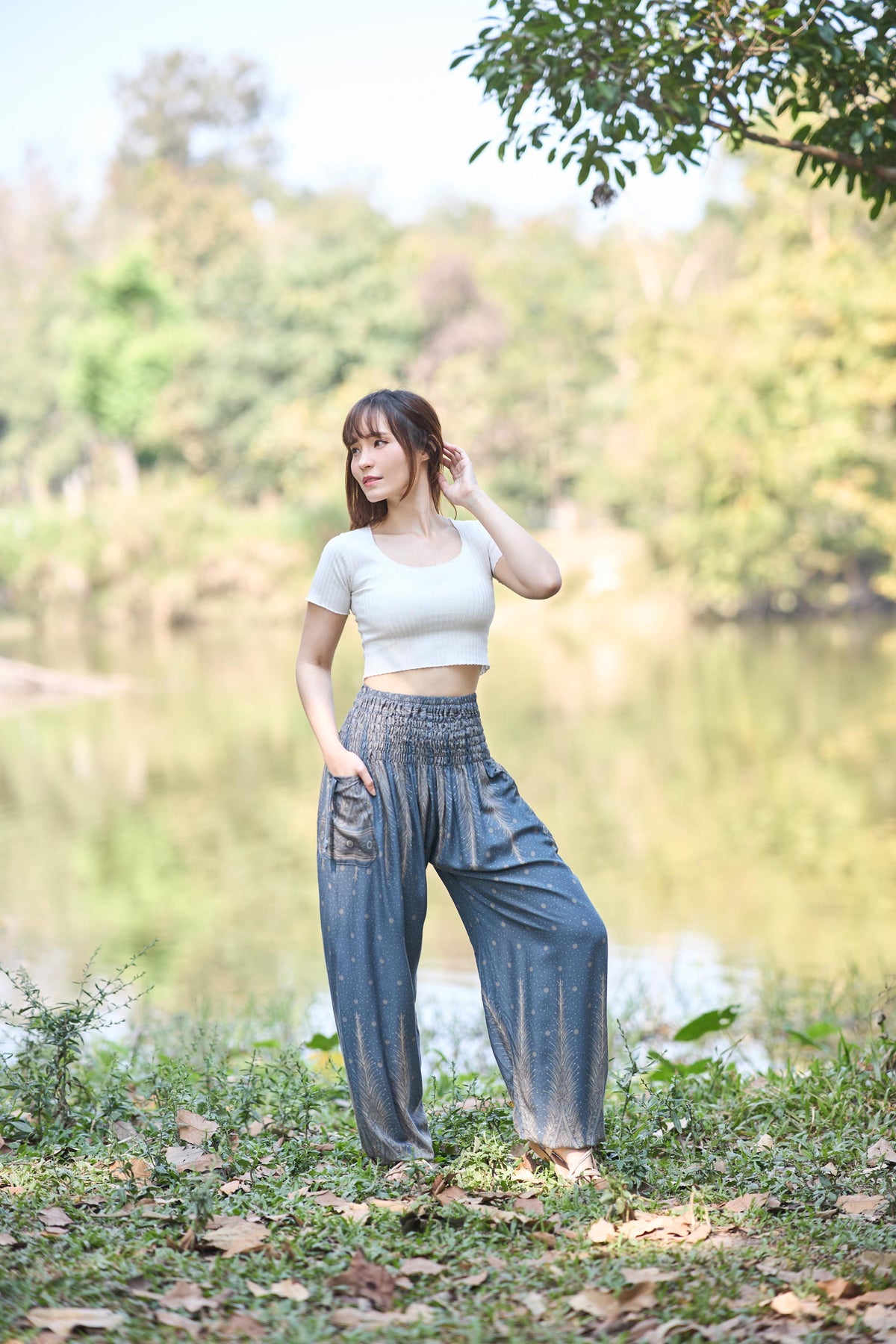 Grey peacock feather harem pants for women with smocked waist and pockets