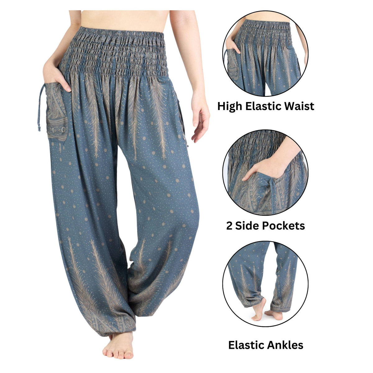 Boho rayon harem pants in grey and blue peacock print for festivals