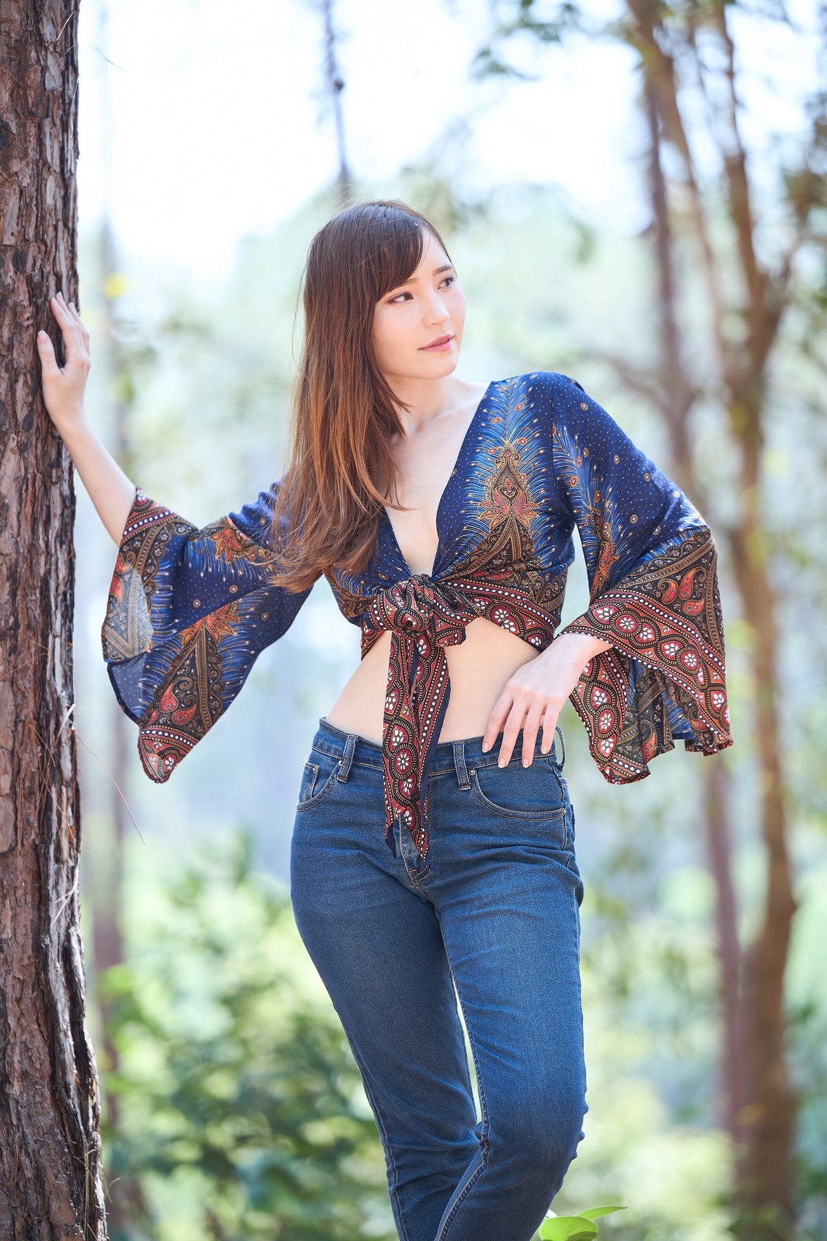 Handmade rayon boho wrap top with bell sleeves in dark blue