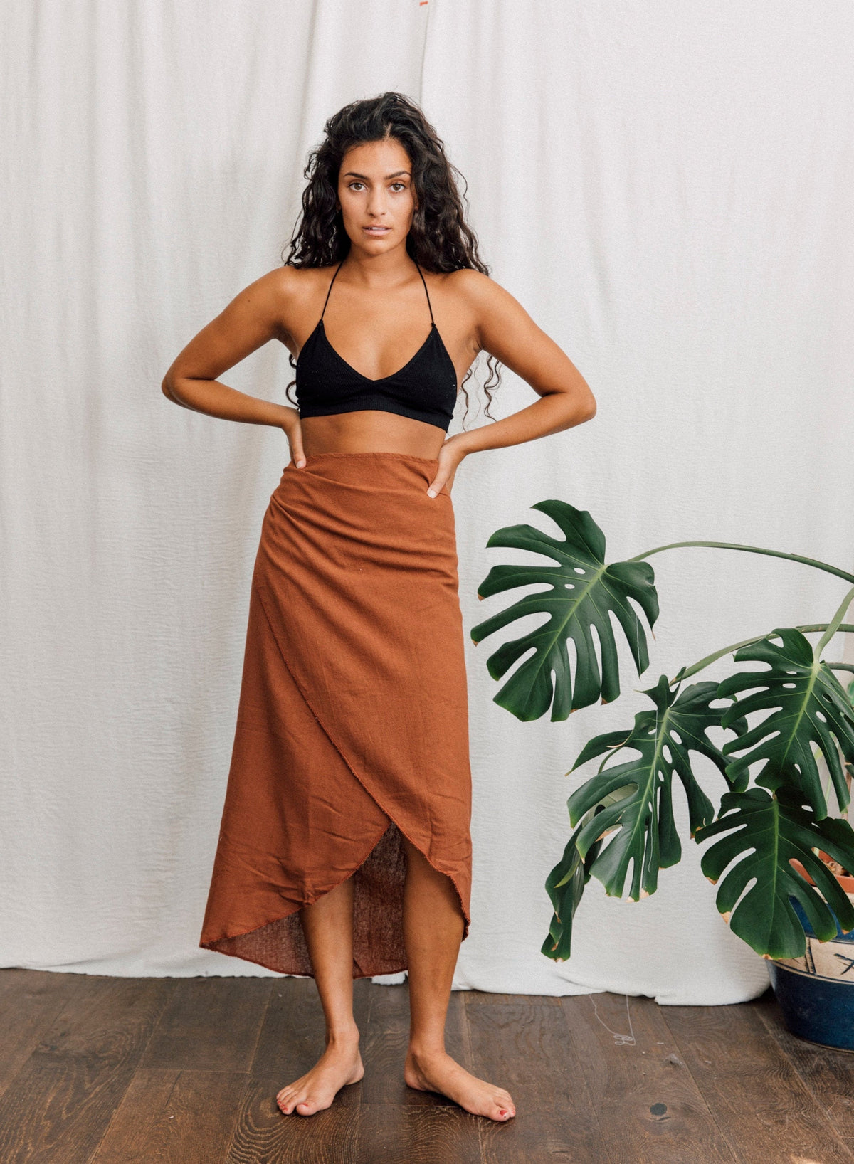 Rust brown raw cotton wrap midi skirt with adjustable tie waist for boho summer style
