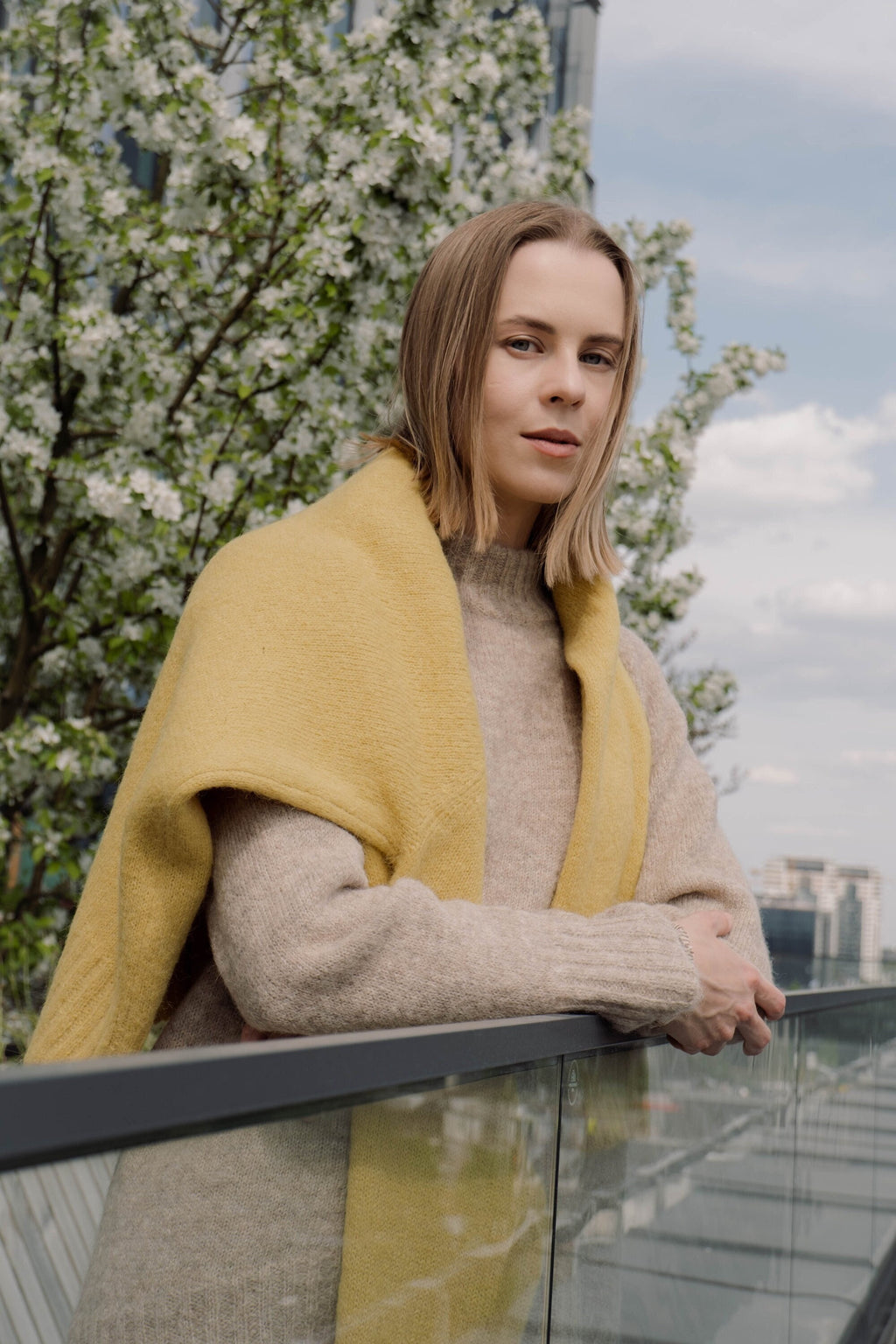 Soft yellow alpaca wool blend pullover for women with V-neck and oversized fit