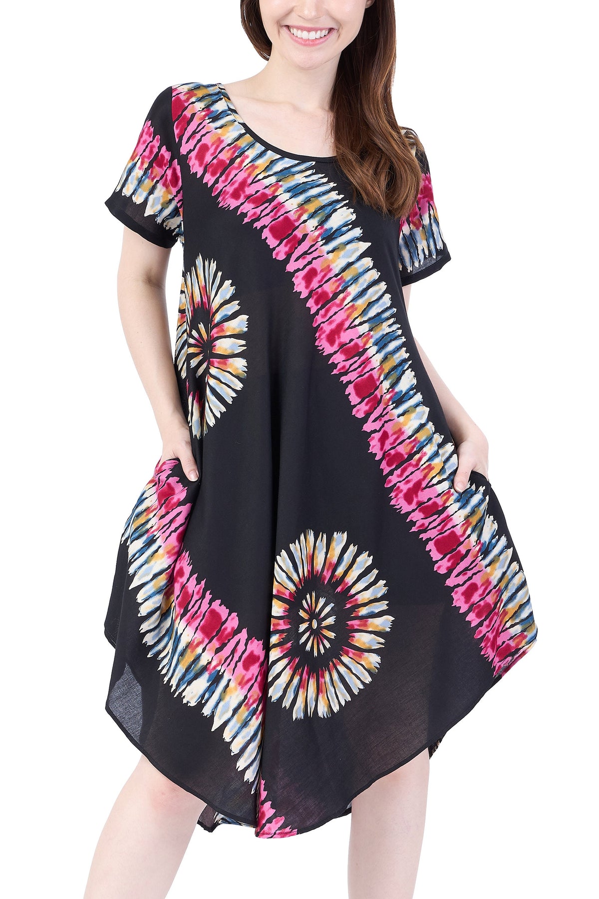 Handmade black printed sundress with two side pockets and pull-on closure