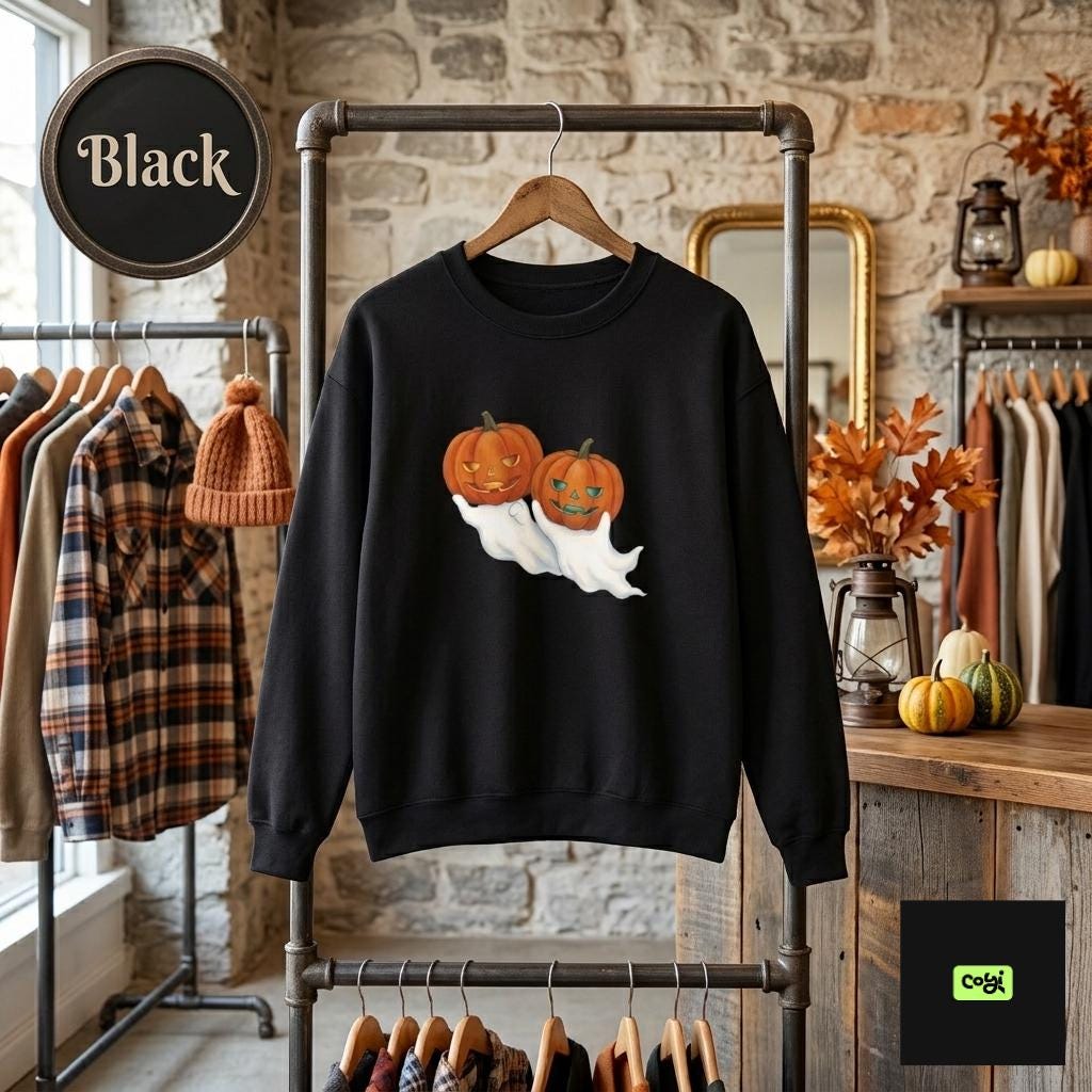 Cozy cotton-poly crewneck featuring two grinning pumpkins riding a ghost