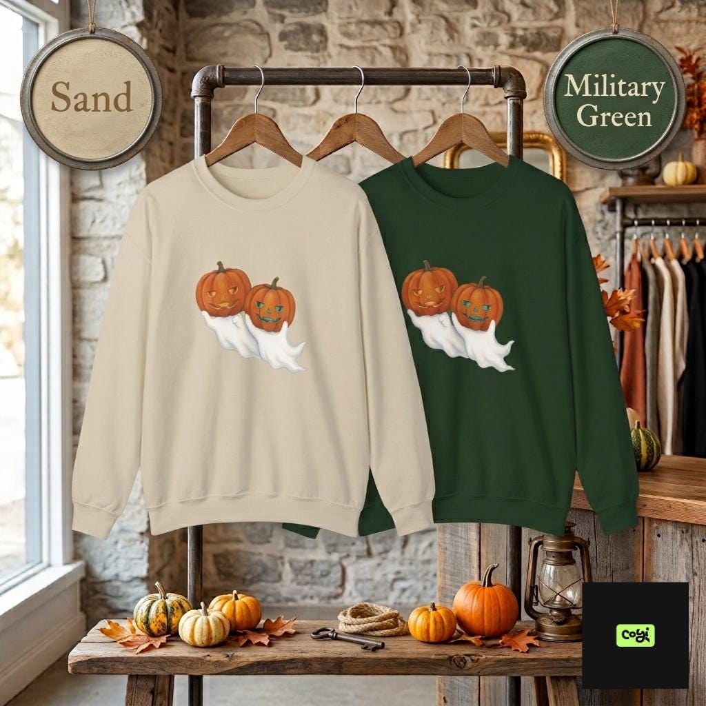 Midweight Halloween pullover with playful ghost and pumpkin illustration