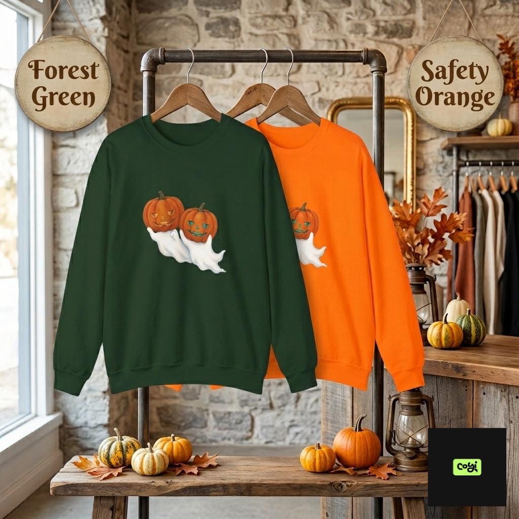 Ribbed collar crewneck sweatshirt with Halloween ghost and jack-o'-lantern design
