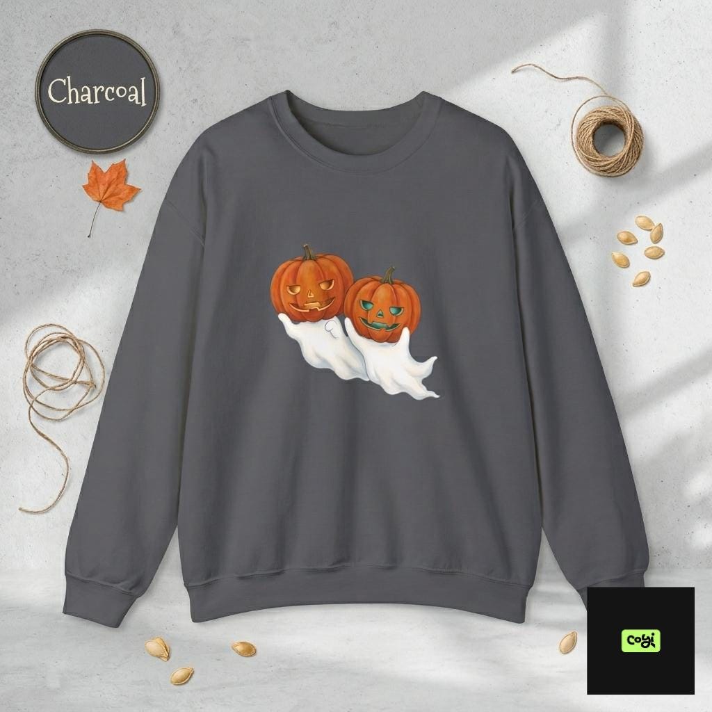 Double-needle stitched Halloween crewneck with pumpkin and ghost print