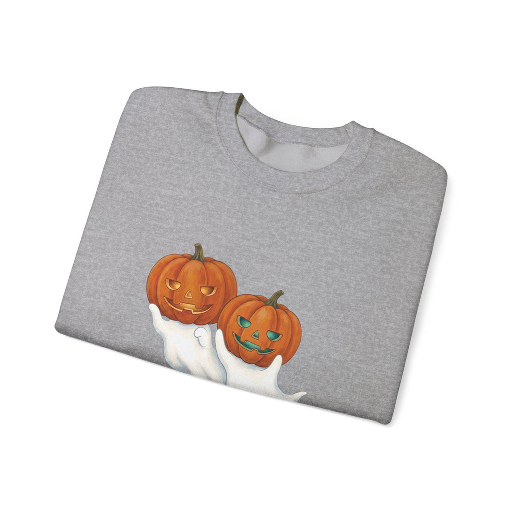 Fall-themed unisex sweatshirt with grinning jack-o'-lanterns and ghost