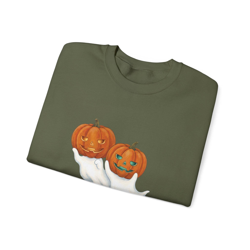 Halloween ghost and pumpkin crewneck with ribbed knit collar