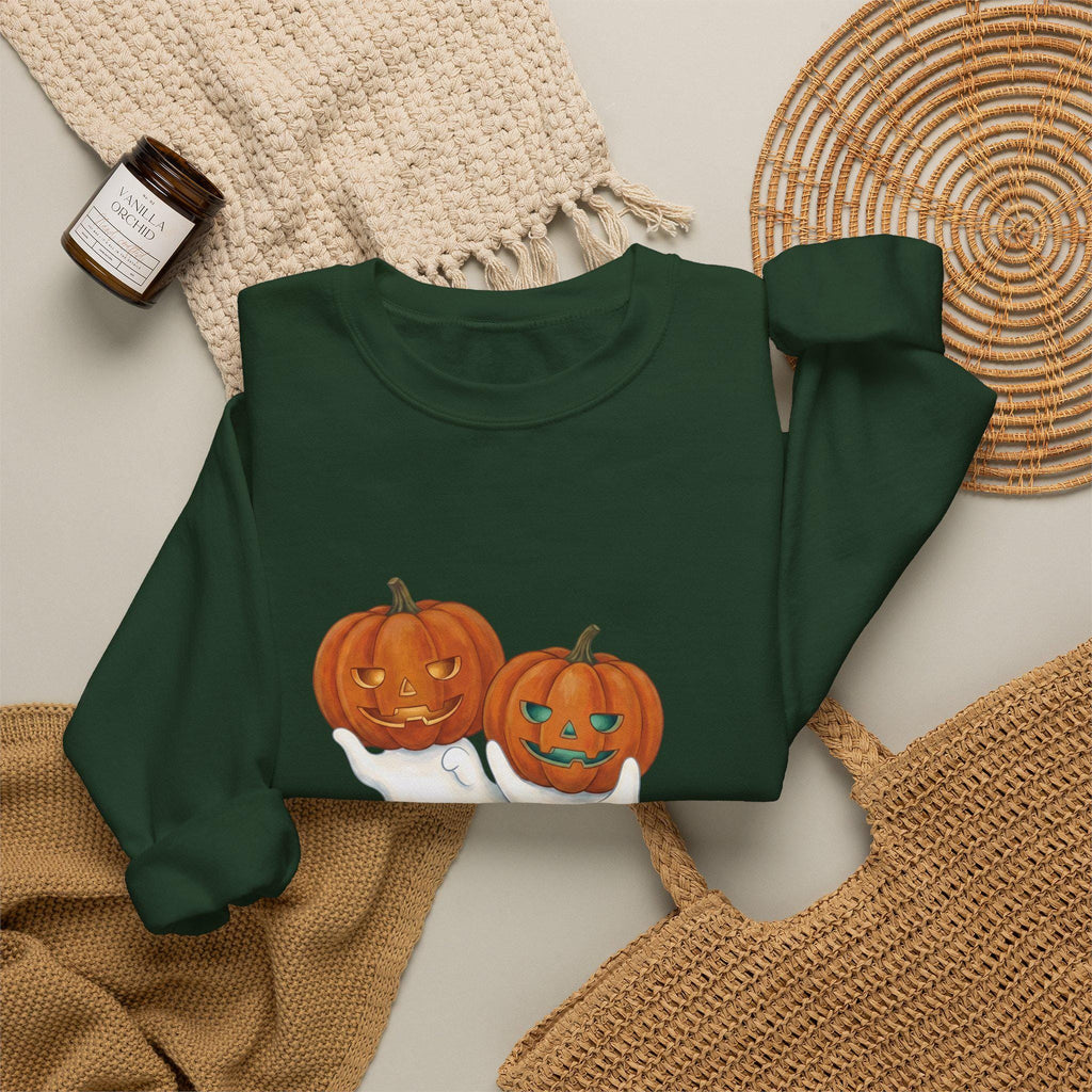 Cozy fall sweatshirt with ghost and pumpkin illustration on chest