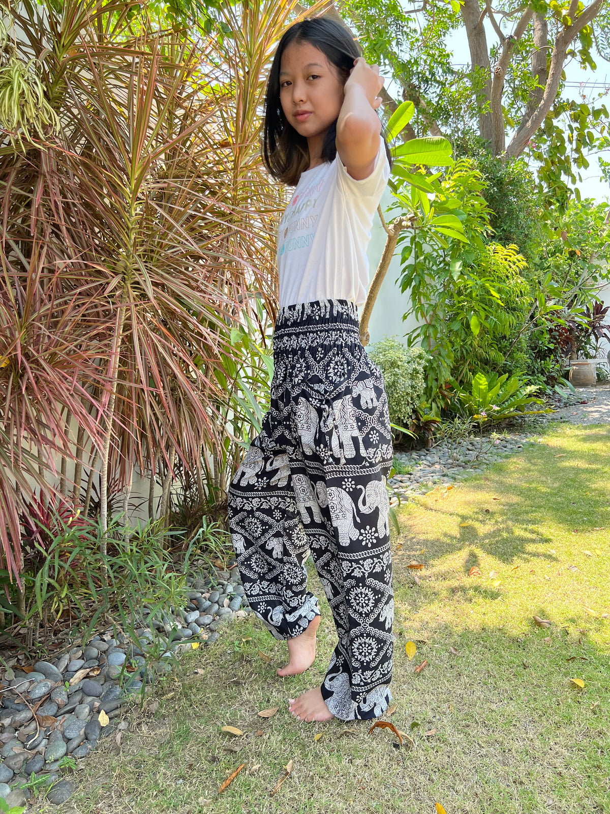 Black elephant print harem pants for kids, lightweight rayon fabric