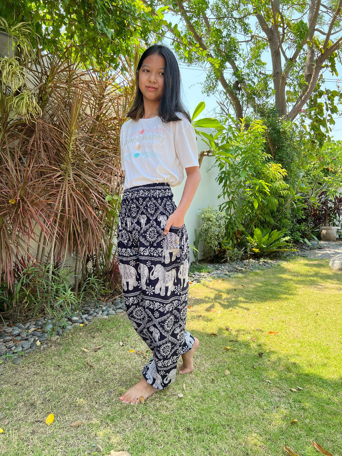 Kids festival pants with elephant design, handmade in Thailand