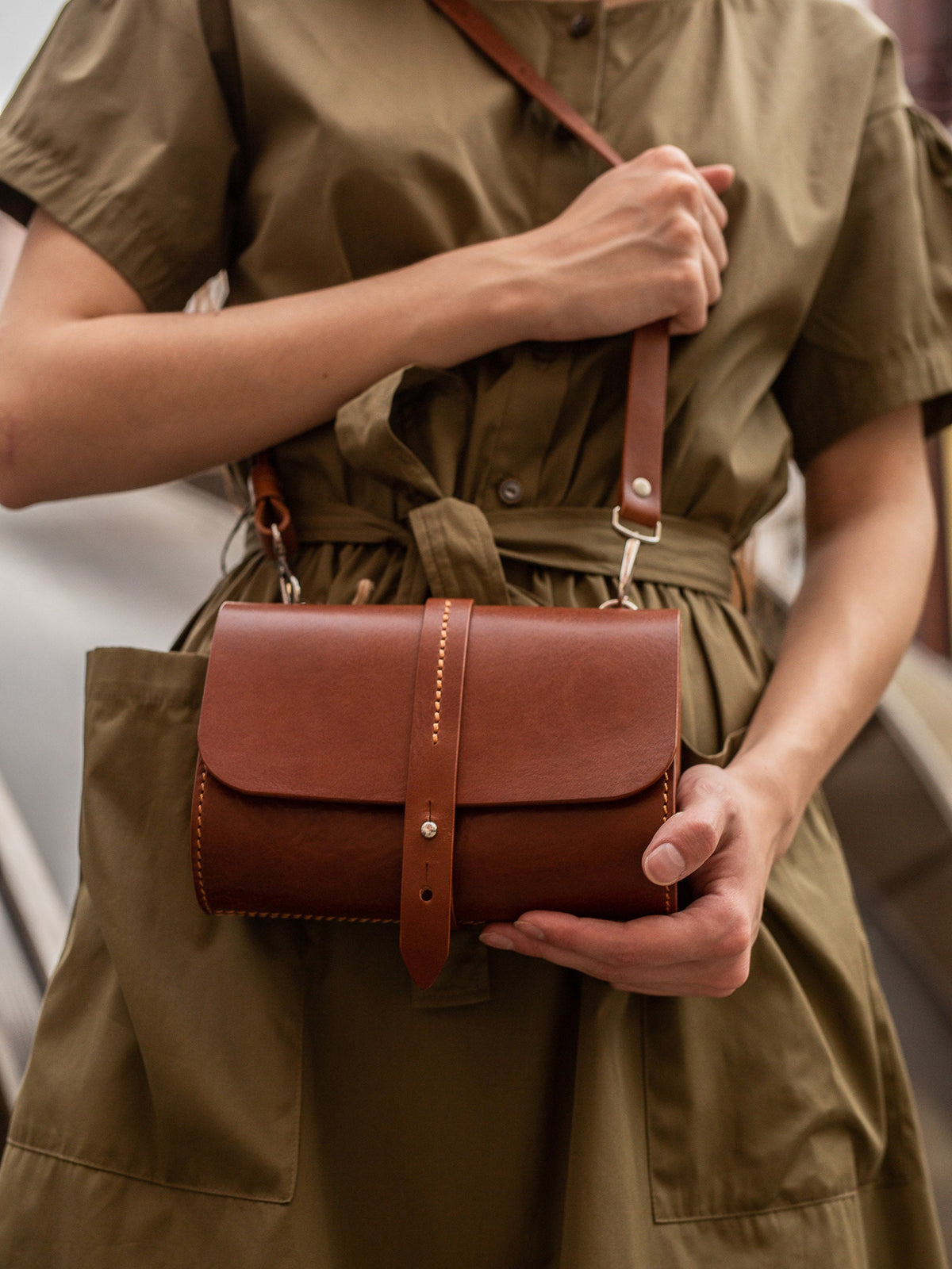 Minimalist women's belt bag in vegetable tanned cow leather, front view