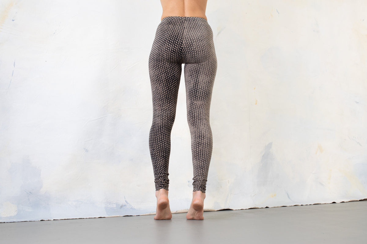 Mid-rise leggings featuring hand-dyed batik abstract bricks print