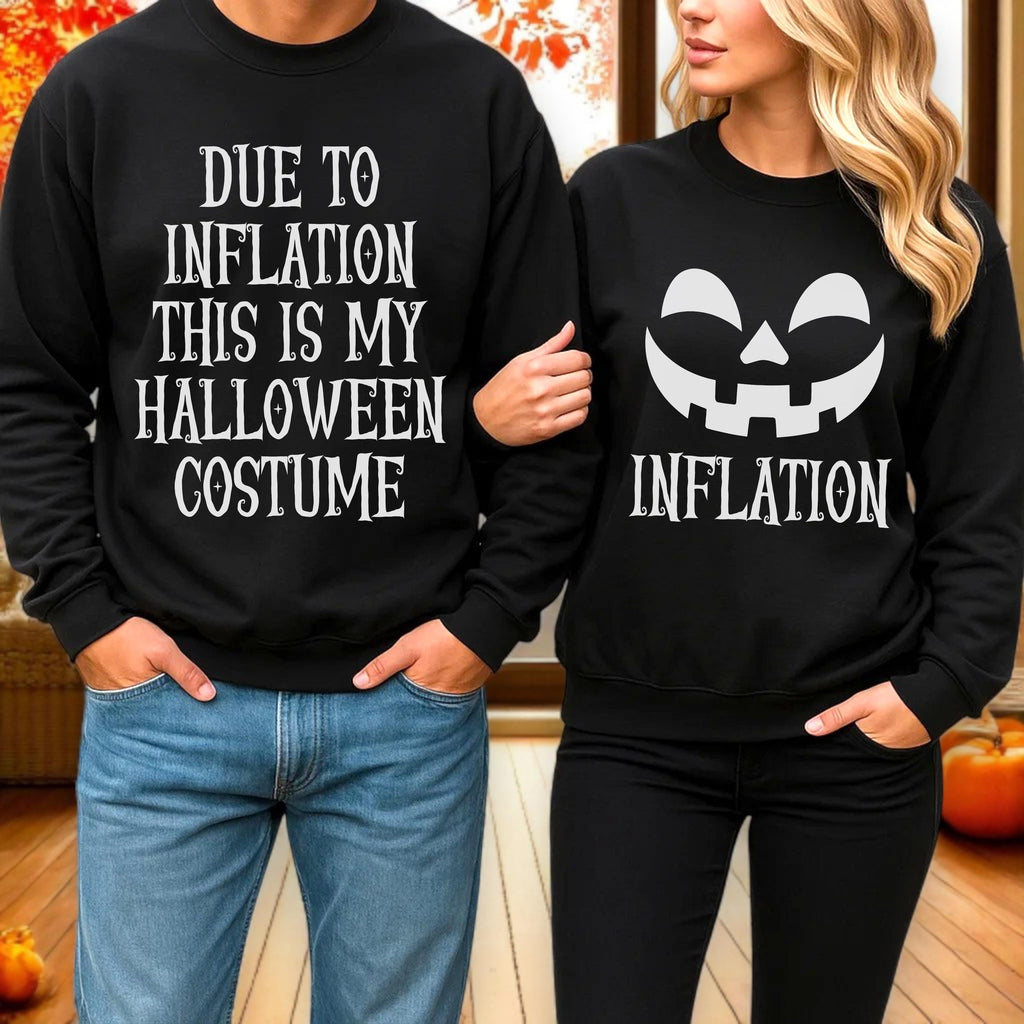 Matching couples Halloween costume shirts in black and orange for funny couple outfits