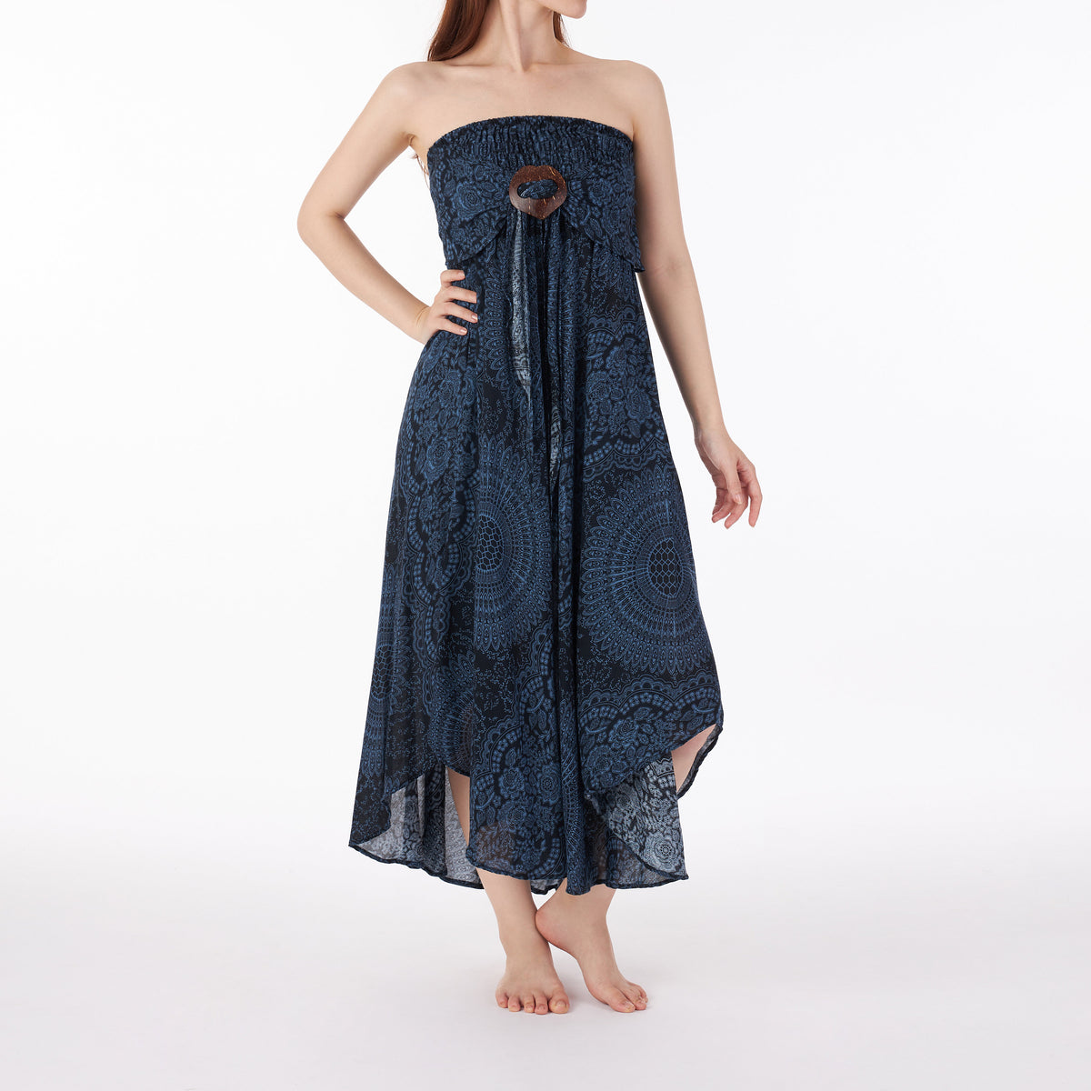 Handmade hippie maxi skirt with asymmetric hem and coconut belt