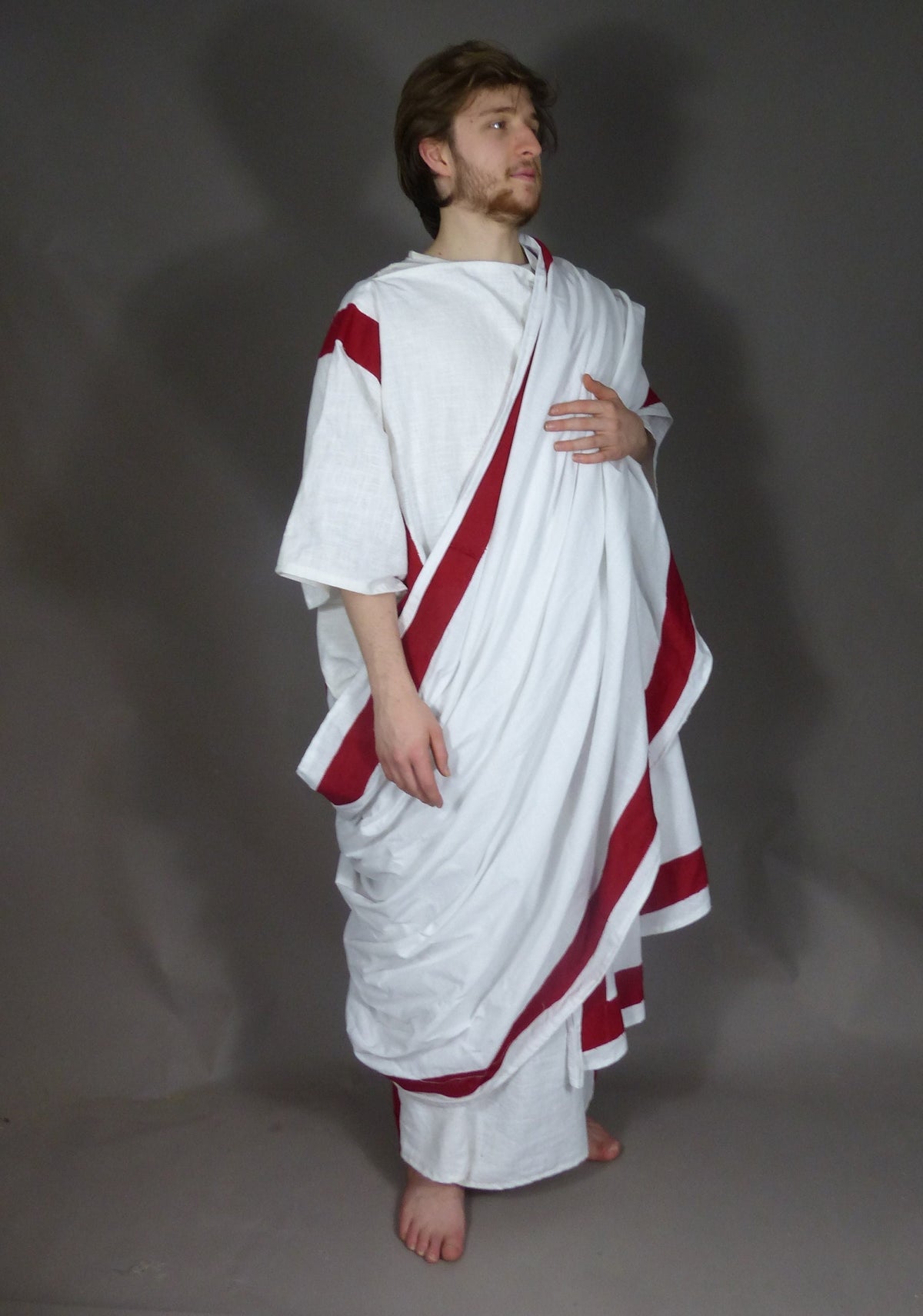 White cotton semi-circle Roman toga wrap with linen border