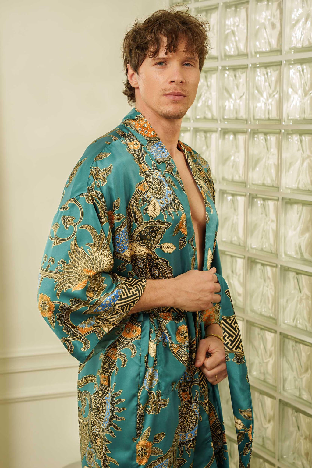 Emerald green Bali batik kimono robe for men, a distinctive anniversary or wedding gift