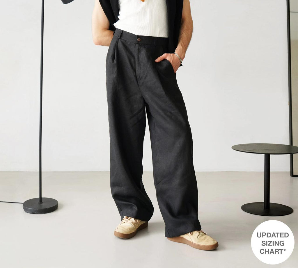 Men's black pleated linen palazzo pants with high waist and wide legs