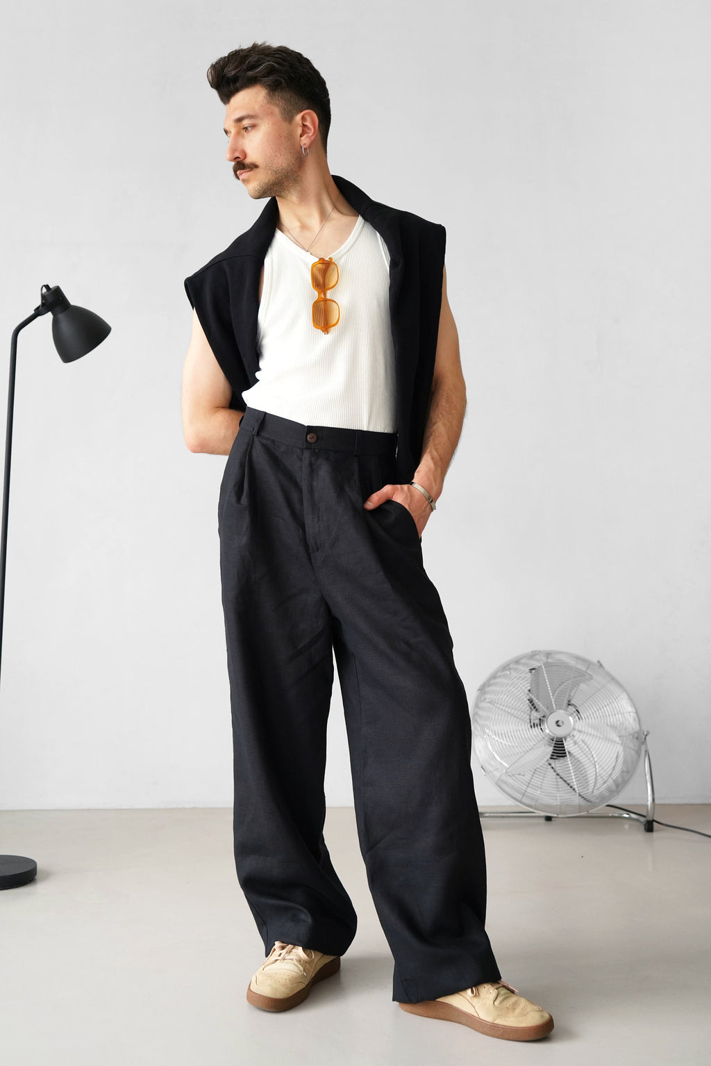 Wide-leg linen pants for men, 100% European linen, black
