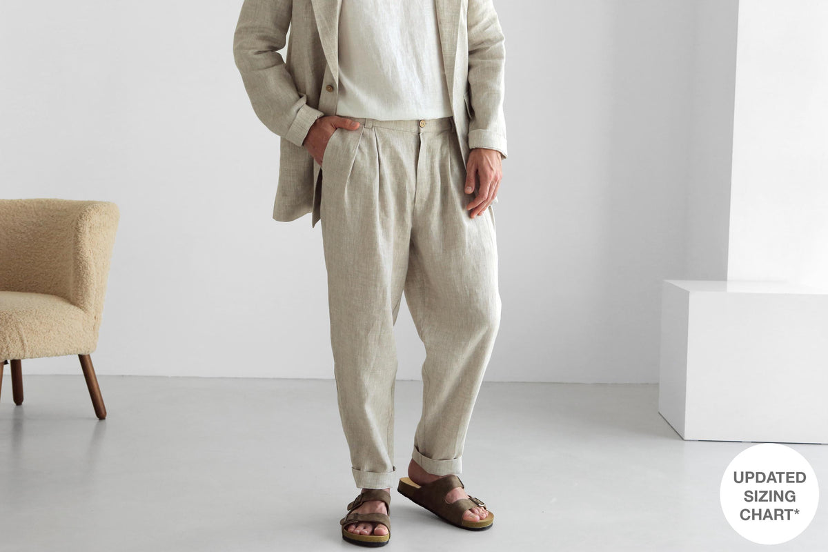 Men's beige pleated linen joggers with zip and loose fit