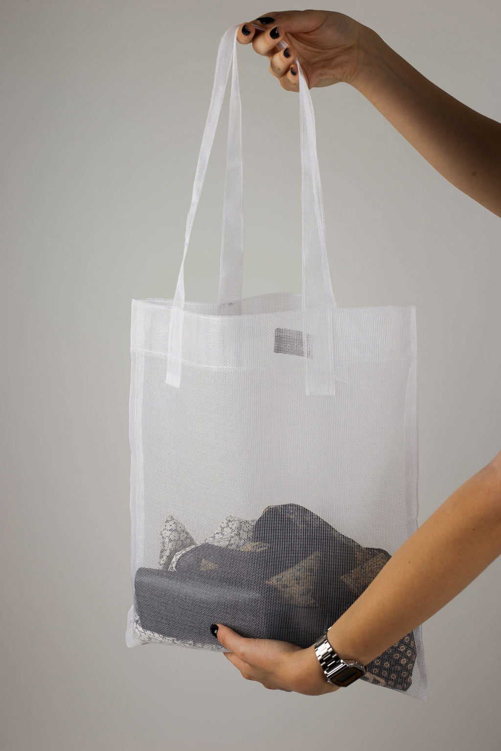 Packable mesh net bag for phone water bottle cosmetics and groceries