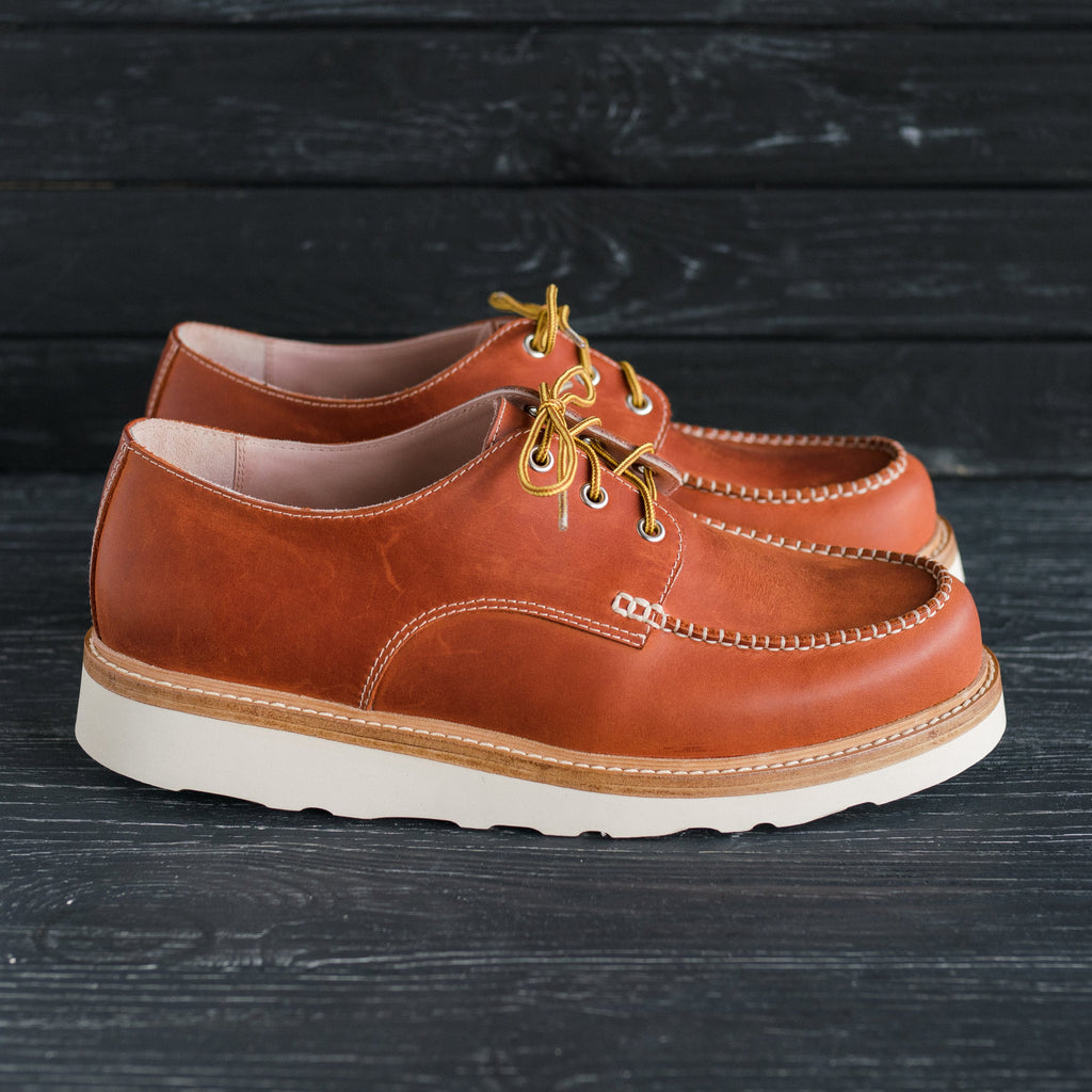 Ginger crazy horse leather moc toe boots with Vibram sole and orthopedic insole